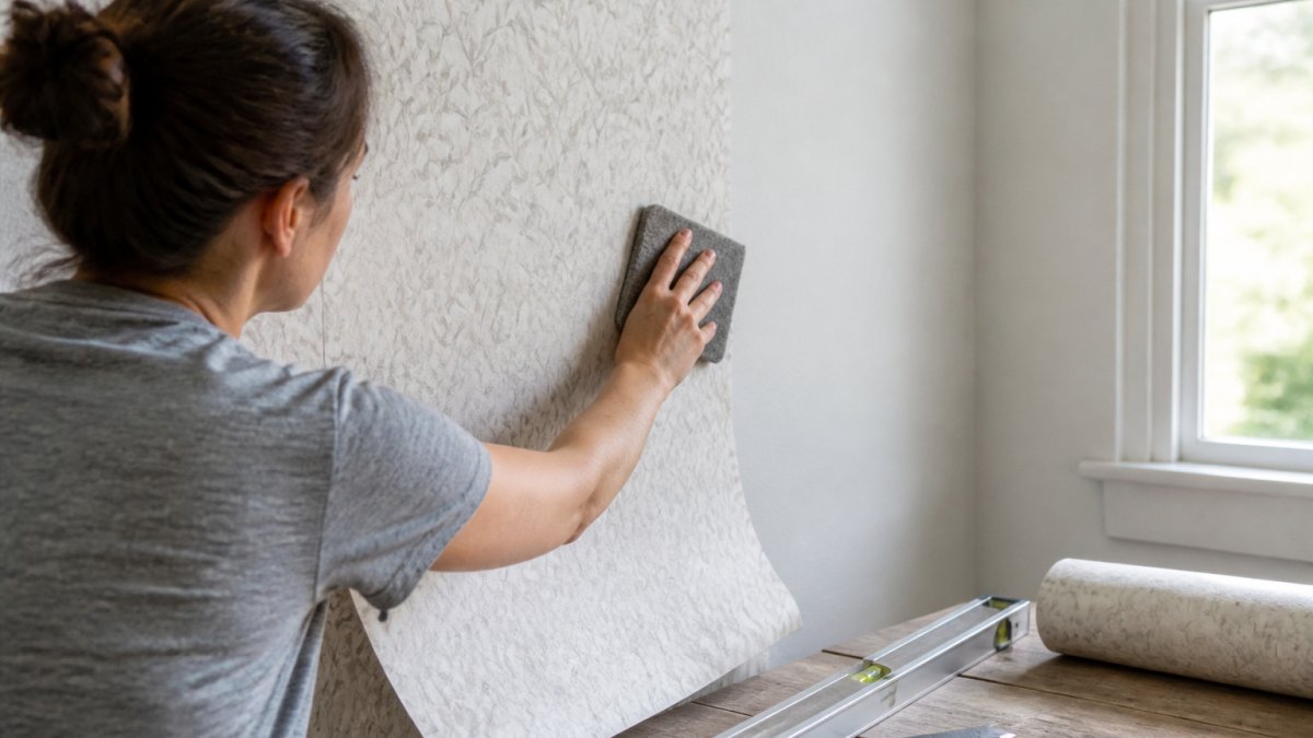 A person using a felt smoothing tool to press a strip of peel-and-stick wallpaper onto a smooth accent wall, with a spirit level and utility knife resting nearby in soft natural window light