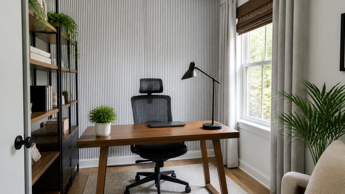 Compact home office with light gray striped wallpaper on accent wall behind wooden desk, comfortable ergonomic chair, natural window light, organized shelving, and professional workspace setup