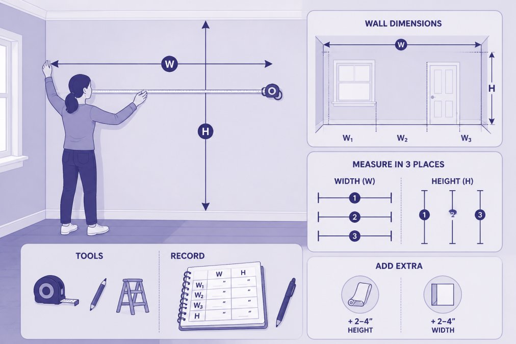 Homeowner measuring a wall with a tape measure, showing proper technique with a notebook and pen nearby for recording dimensions