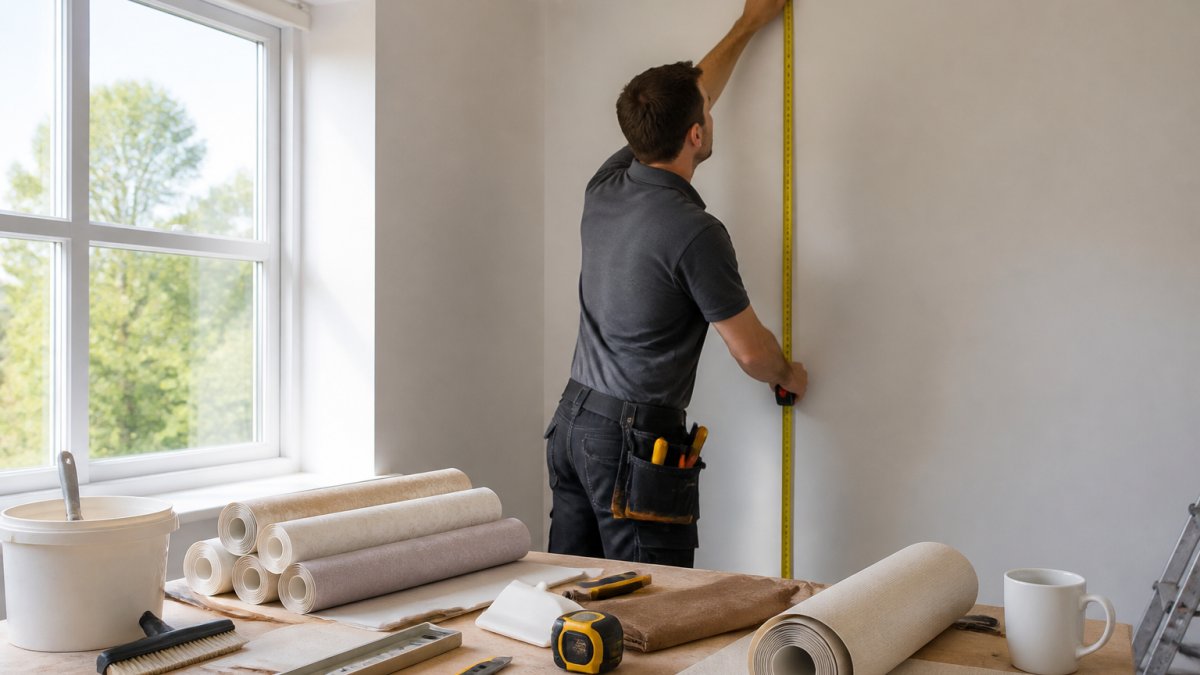 Close-up of hands holding a tape measure against a residential wall, measuring from floor to ceiling in bright natural light from a window