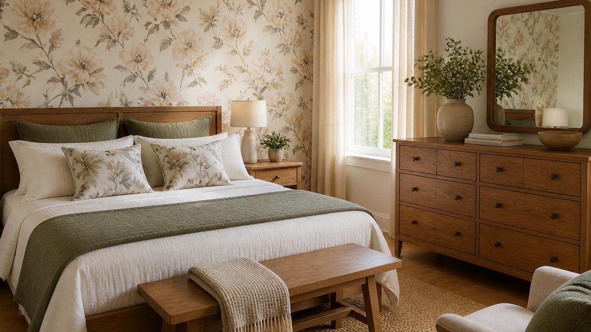 Modern bedroom with coordinated floral wallpaper on one accent wall, matching throw pillows on the bed, and complementary wood furniture arranged together with warm natural lighting