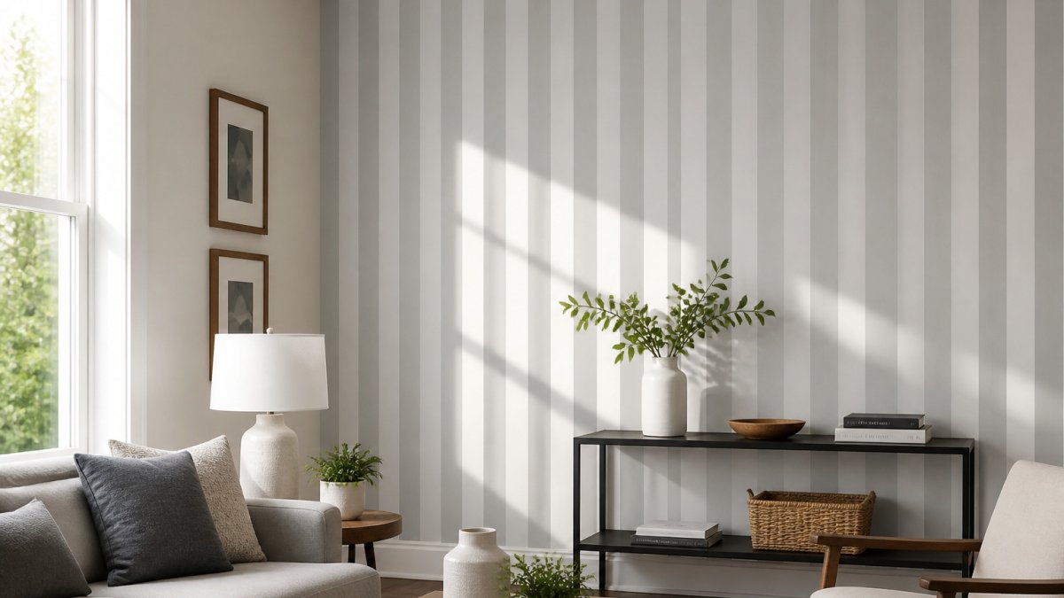 Modern living room with a gray and white striped accent wall and minimalist furniture bathed in soft natural light