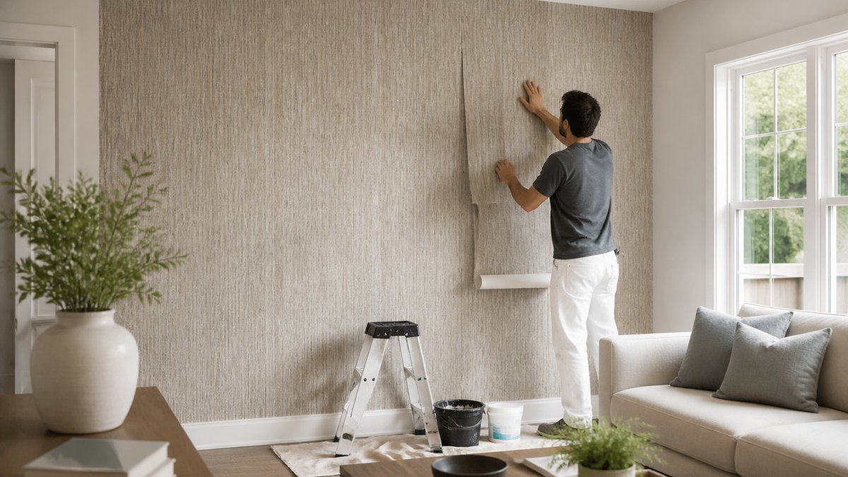 Homeowner carefully applying textured designer wallpaper to an accent wall in a bright, modern living room with neutral furnishings, showing the finished pattern and natural lighting